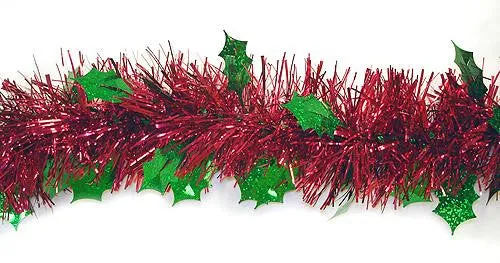 12' Shiny Red Christmas Tinsel Garland with Green Holographic Holly - Unlit