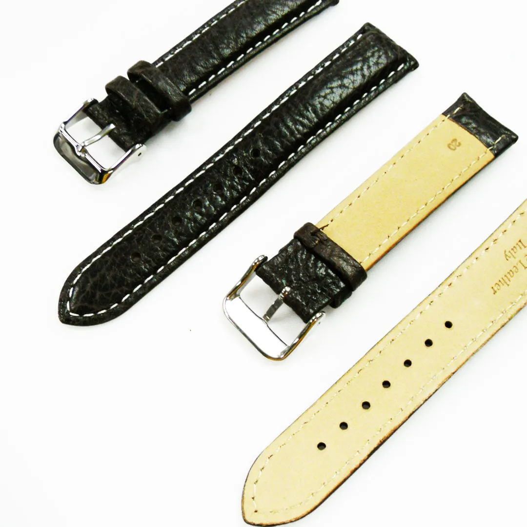 20MM Leather Watch Band Brown with Grain Padded White and Brown Stitched Regular Size Strap Replacement With Silver Buckle