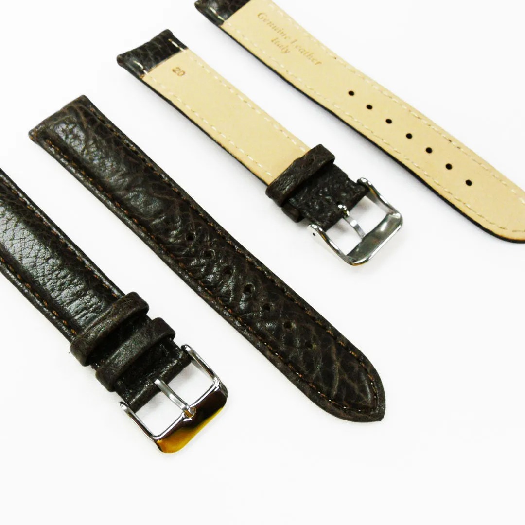 20MM Leather Watch Band Brown with Grain Padded White and Brown Stitched Regular Size Strap Replacement With Silver Buckle