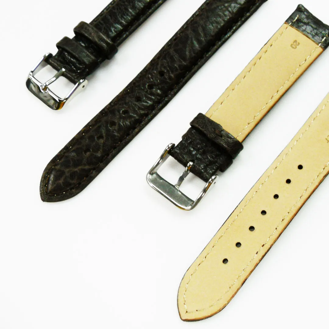 20MM Leather Watch Band Brown with Grain Padded White and Brown Stitched Regular Size Strap Replacement With Silver Buckle