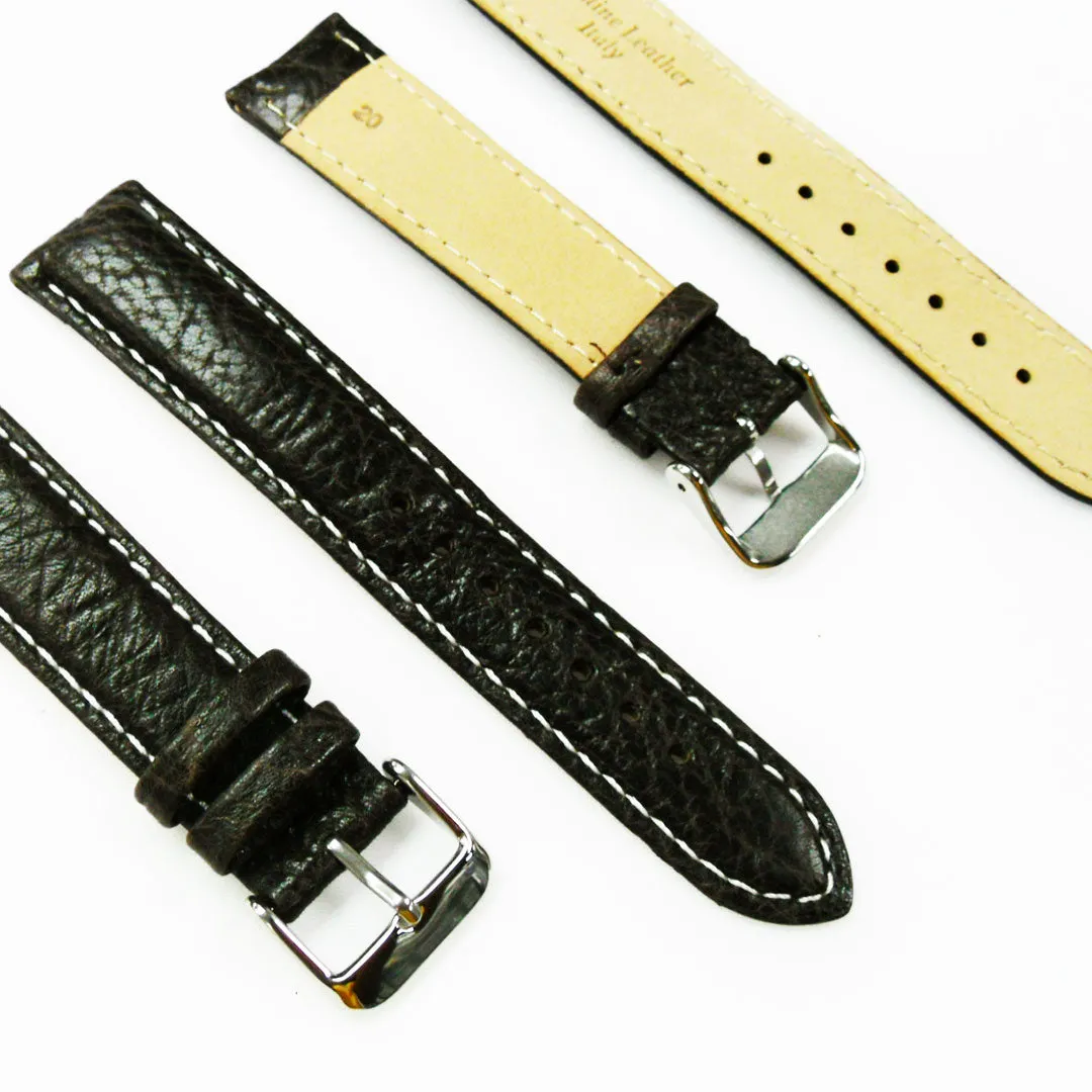 20MM Leather Watch Band Brown with Grain Padded White and Brown Stitched Regular Size Strap Replacement With Silver Buckle