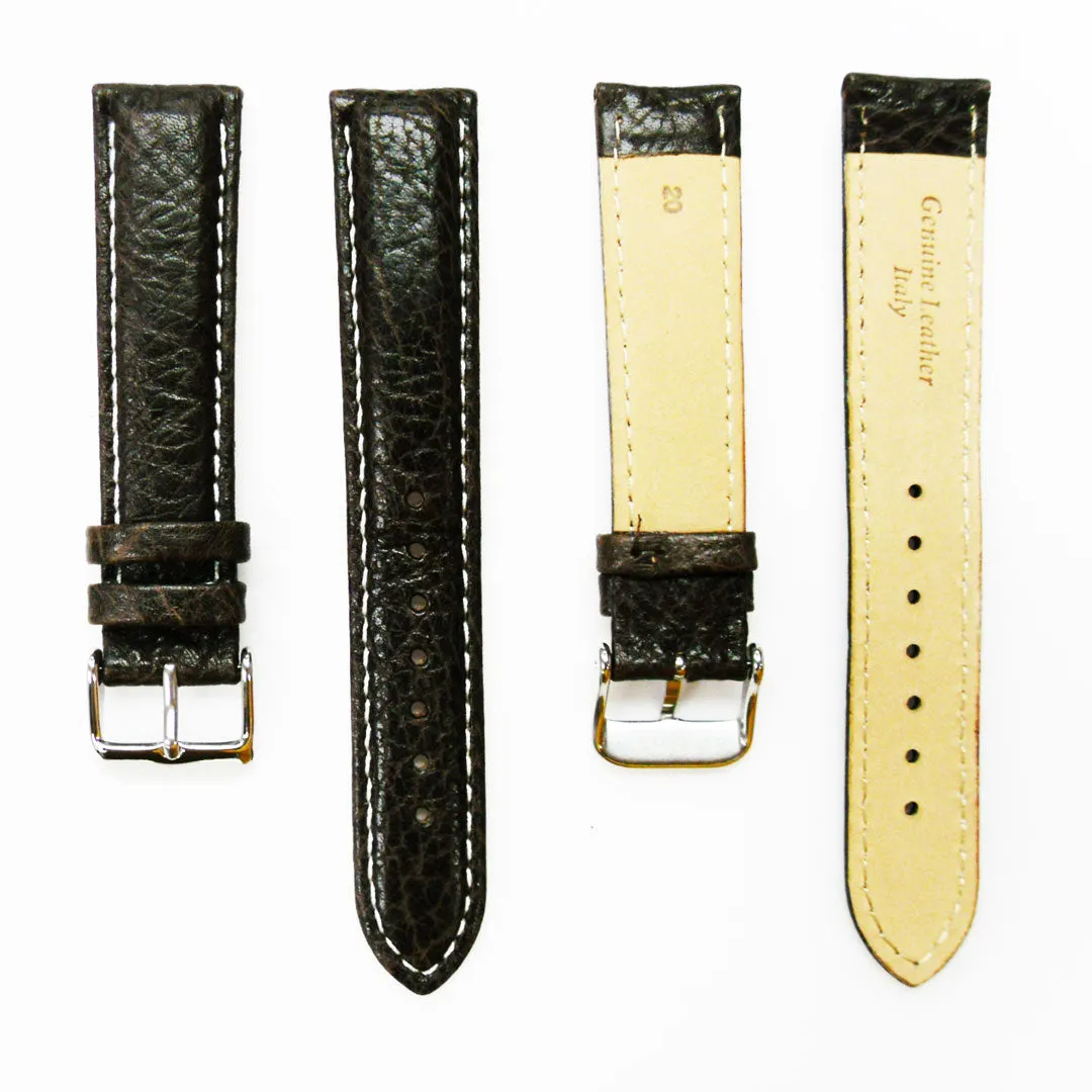 20MM Leather Watch Band Brown with Grain Padded White and Brown Stitched Regular Size Strap Replacement With Silver Buckle