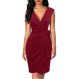 Amy Fashion - Christmas Vintage V-Neck Sheath Faux Black Wrap Dress