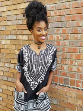 Black and White Traditional African Print Dashiki Shirt-DP3578W