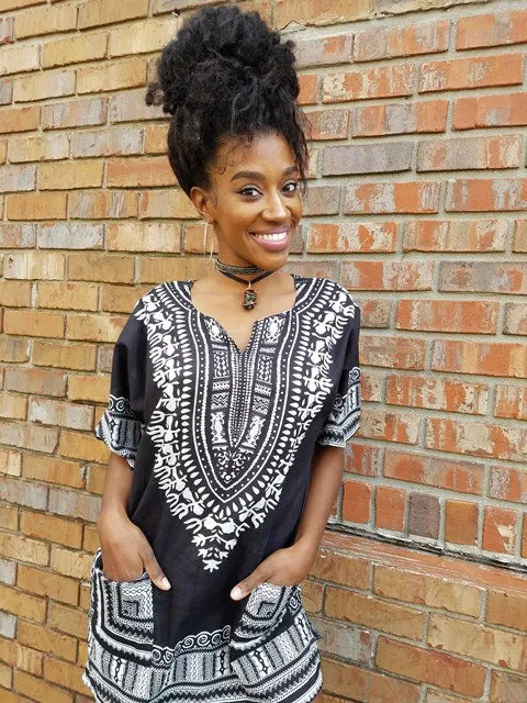 Black and White Traditional African Print Dashiki Shirt-DP3578W