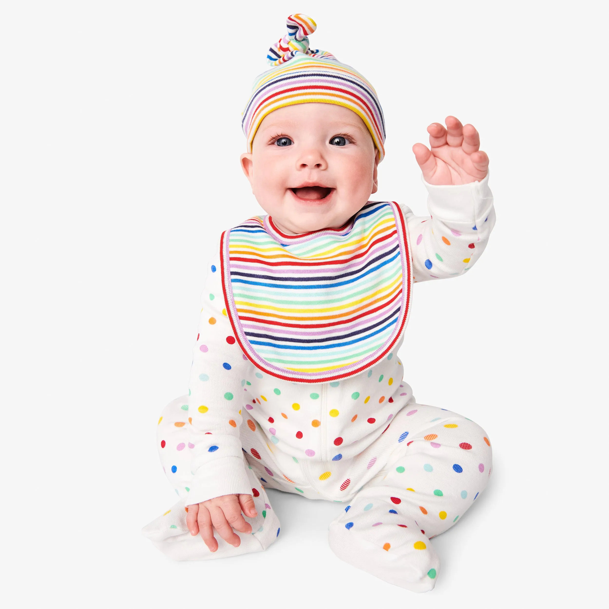 Clearance baby organic snap bib in rainbow mini stripe