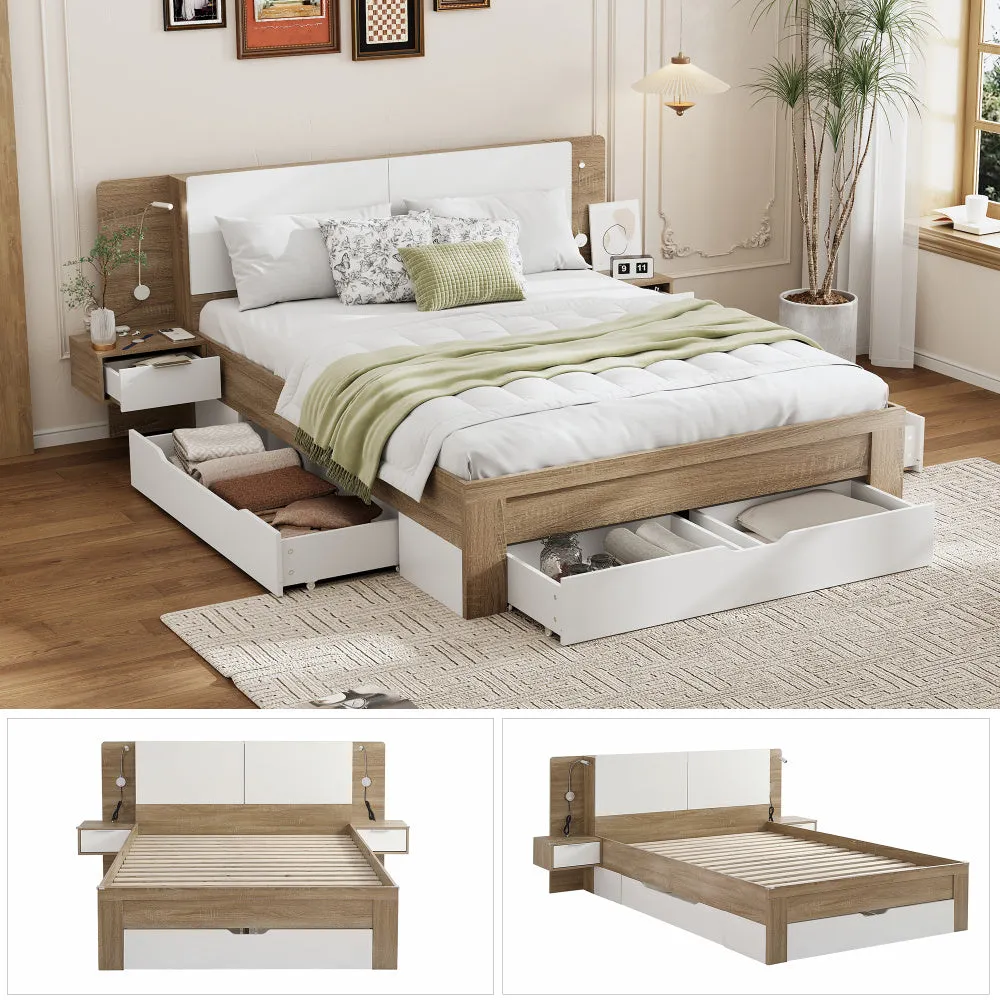 Doppelbett, Bettanlage mit 2 LED Nachtkommoden, Paneelbett mit mehreren Schubladen, mit 2 Nachttisch, aufklappbarer Ablage, MDF   Spanplatte, Weiß   Eichefarbe, 140x200cm