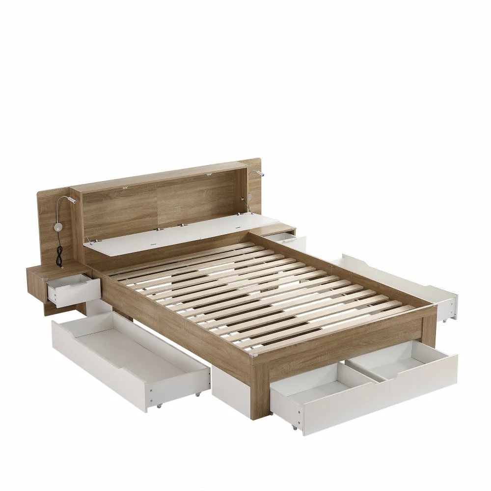 Doppelbett, Bettanlage mit 2 LED Nachtkommoden, Paneelbett mit mehreren Schubladen, mit 2 Nachttisch, aufklappbarer Ablage, MDF   Spanplatte, Weiß   Eichefarbe, 140x200cm