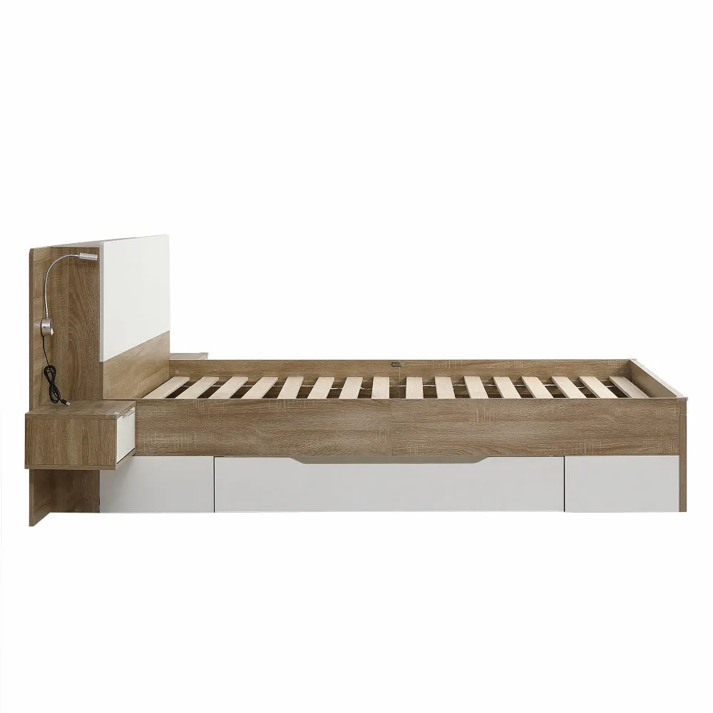 Doppelbett, Bettanlage mit 2 LED Nachtkommoden, Paneelbett mit mehreren Schubladen, mit 2 Nachttisch, aufklappbarer Ablage, MDF   Spanplatte, Weiß   Eichefarbe, 140x200cm