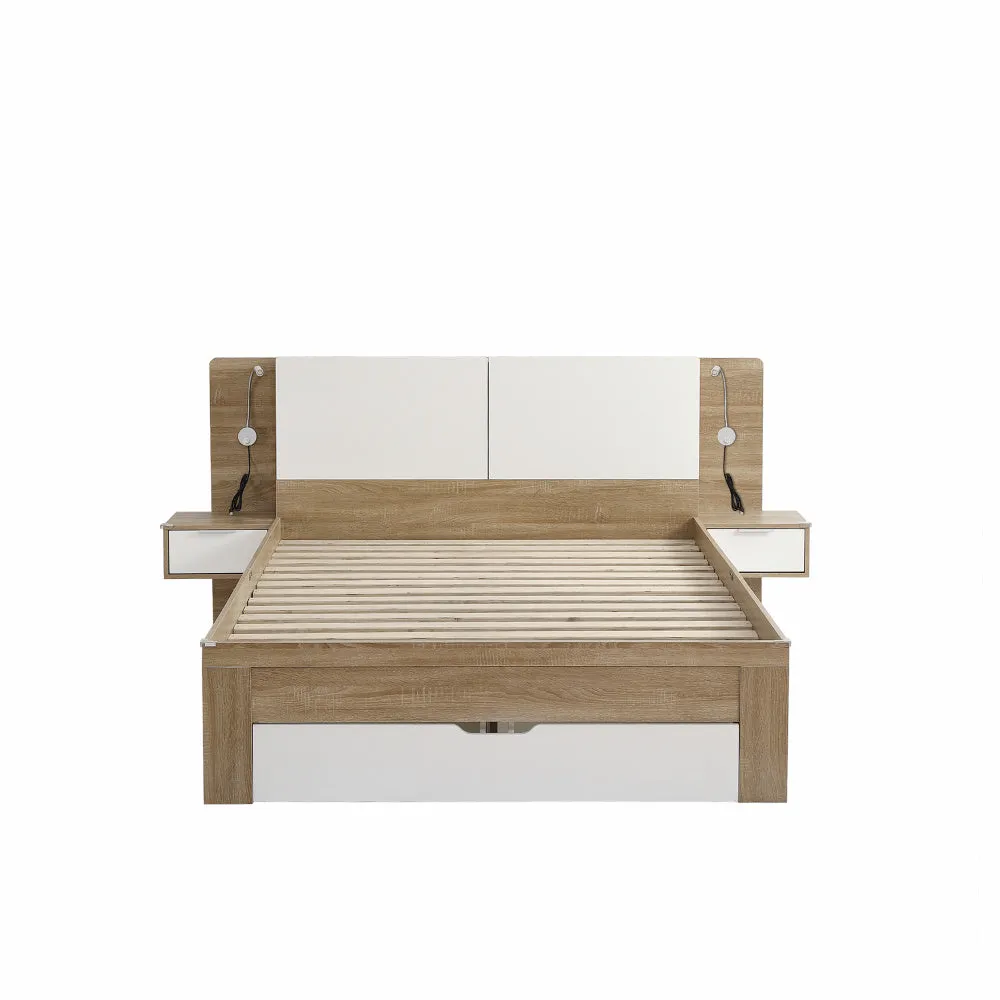 Doppelbett, Bettanlage mit 2 LED Nachtkommoden, Paneelbett mit mehreren Schubladen, mit 2 Nachttisch, aufklappbarer Ablage, MDF   Spanplatte, Weiß   Eichefarbe, 140x200cm