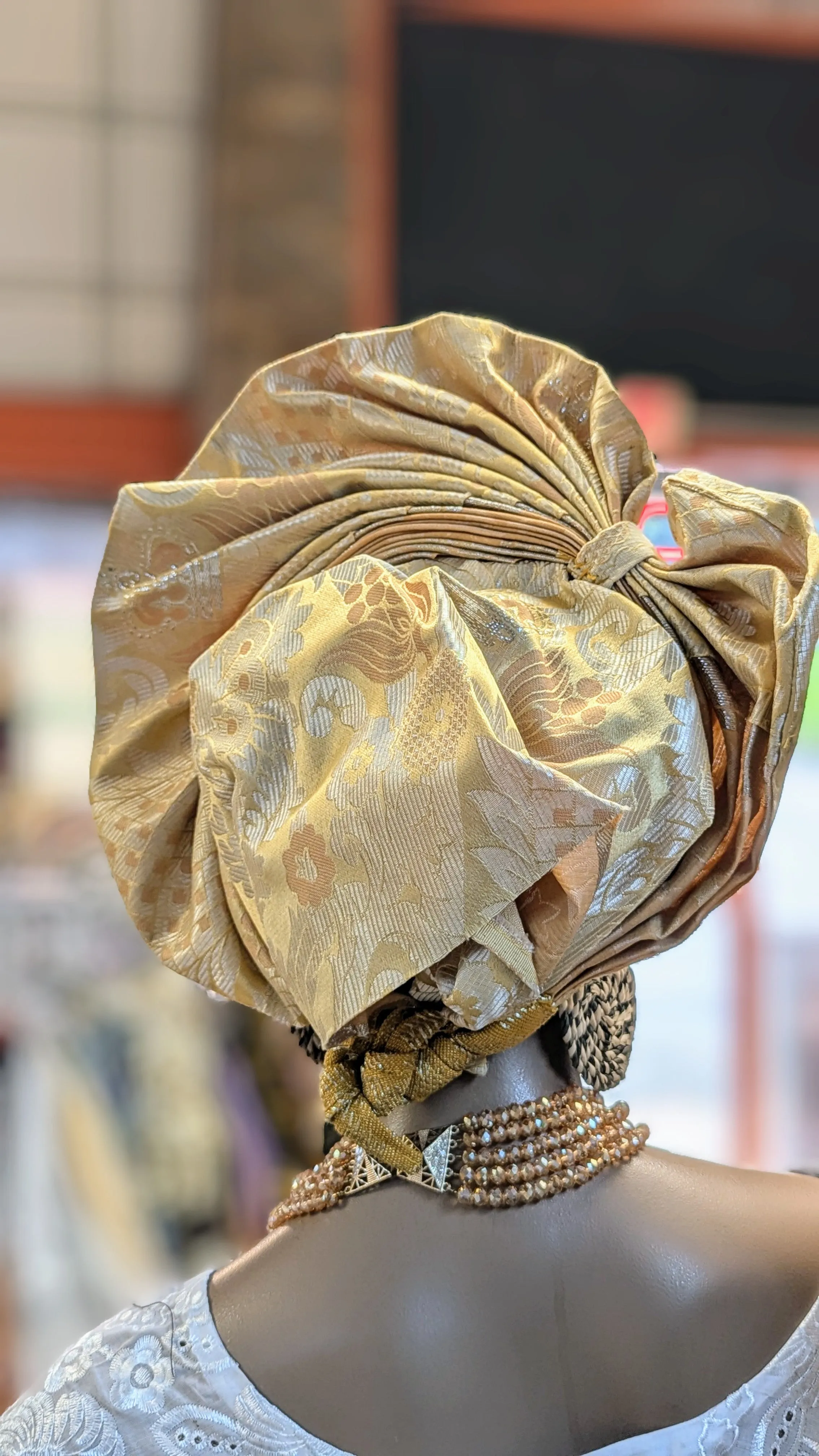 Dupsie's Abeni Tan and Gold pre-tied Crown Autogele ready Gele African head wrap hat DPAGHTG2