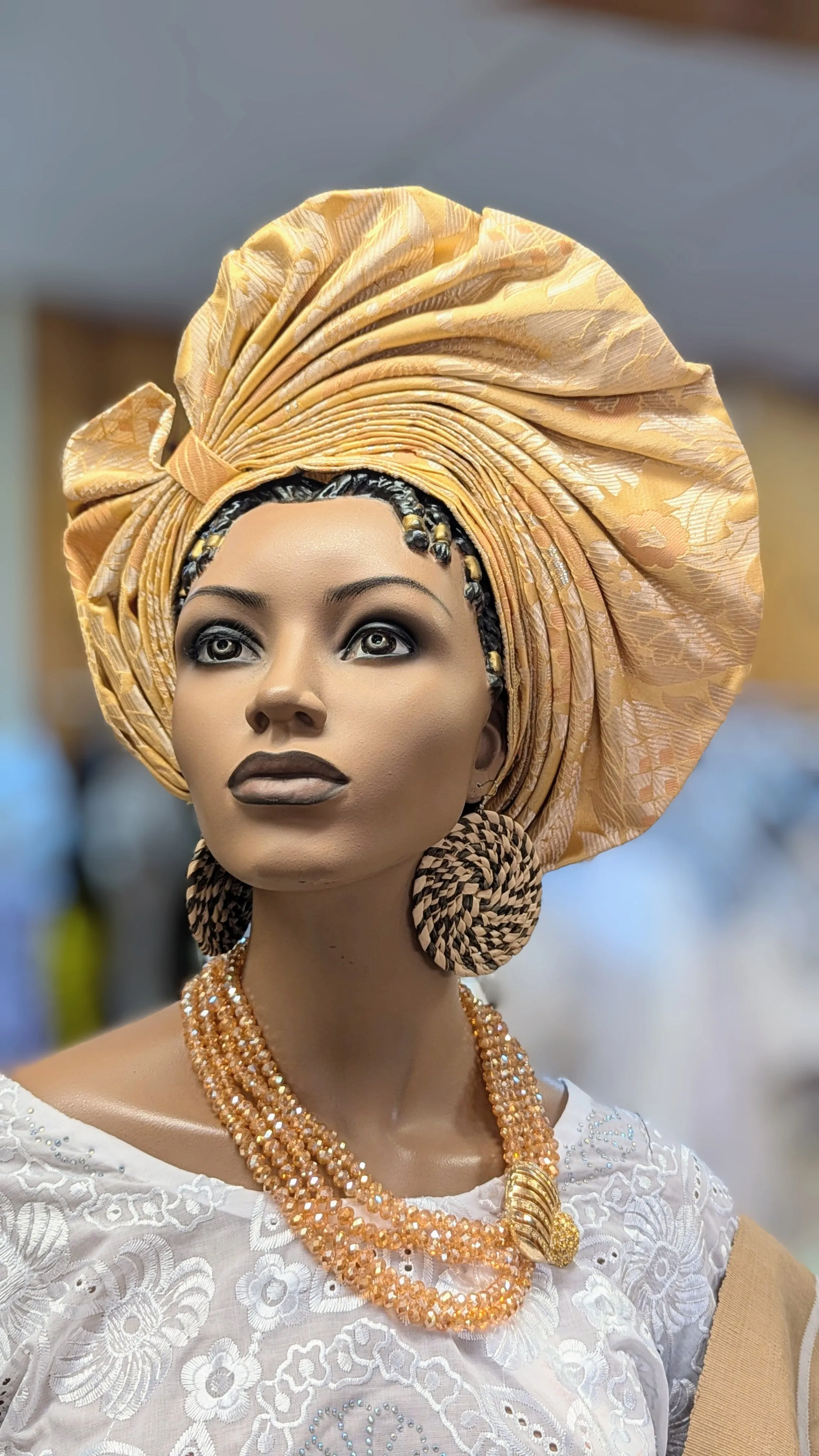 Dupsie's Abeni Tan and Gold pre-tied Crown Autogele ready Gele African head wrap hat DPAGHTG2