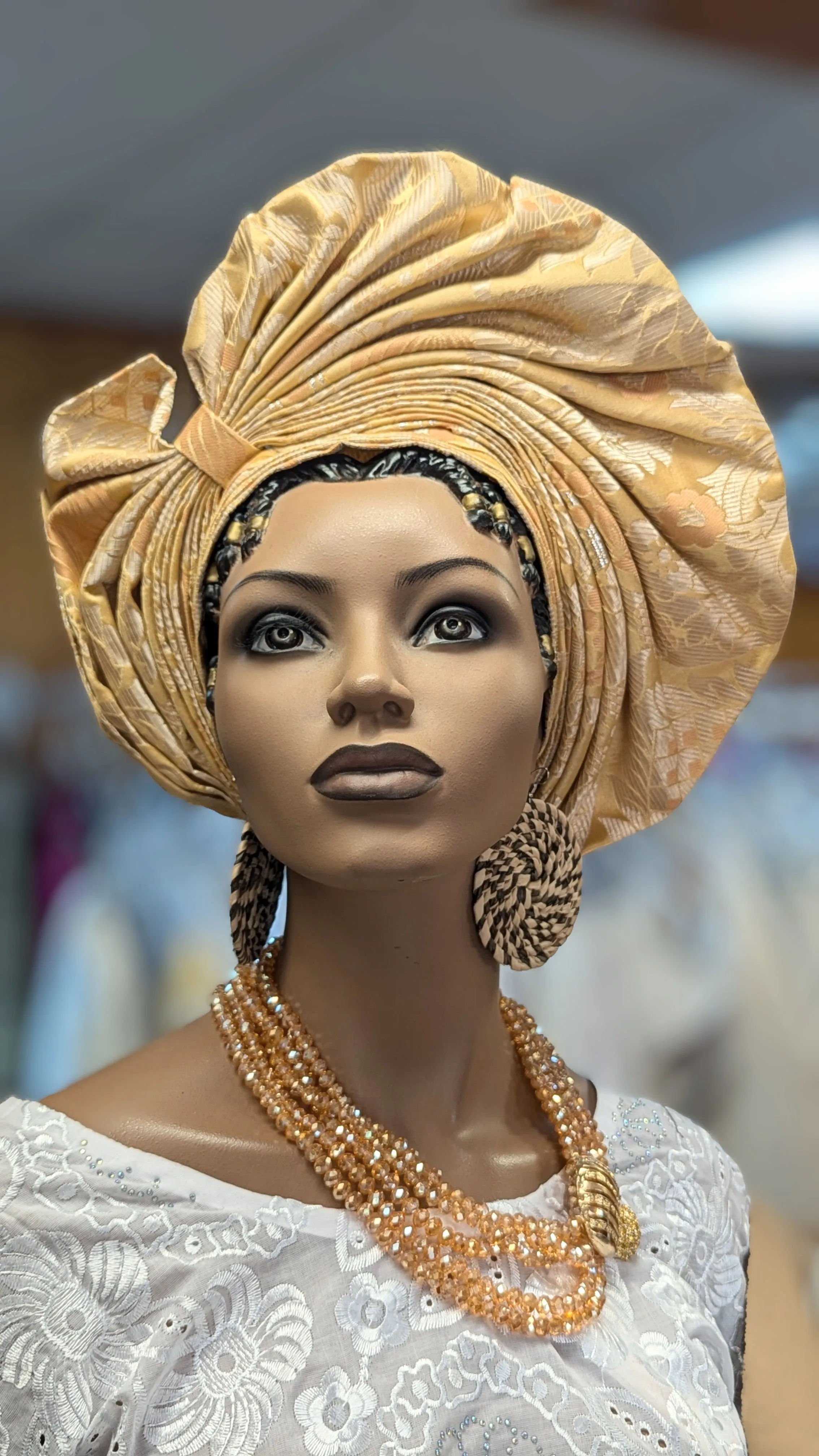 Dupsie's Abeni Tan and Gold pre-tied Crown Autogele ready Gele African head wrap hat DPAGHTG2