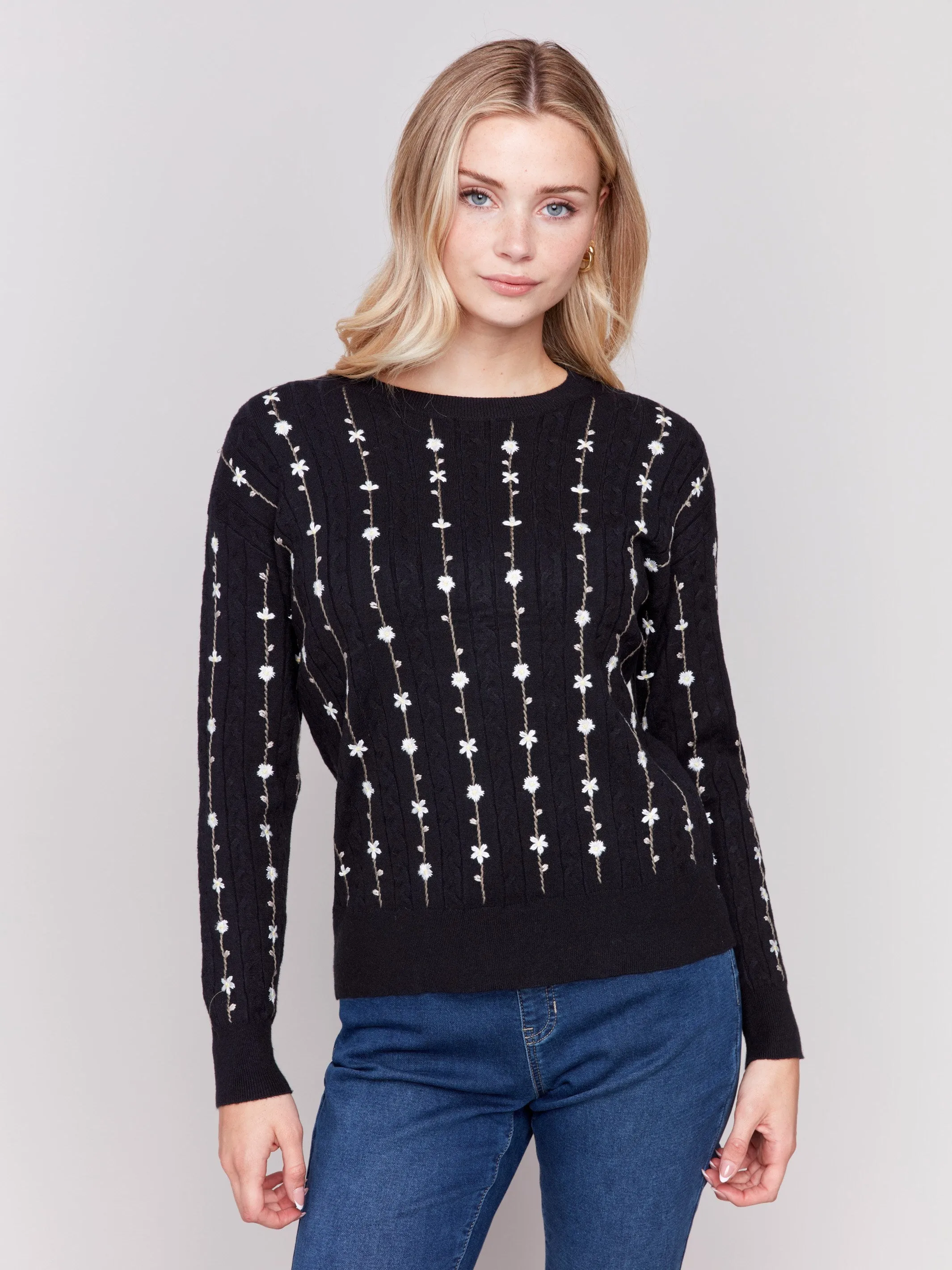 Floral Embroidery Knit Sweater - Black