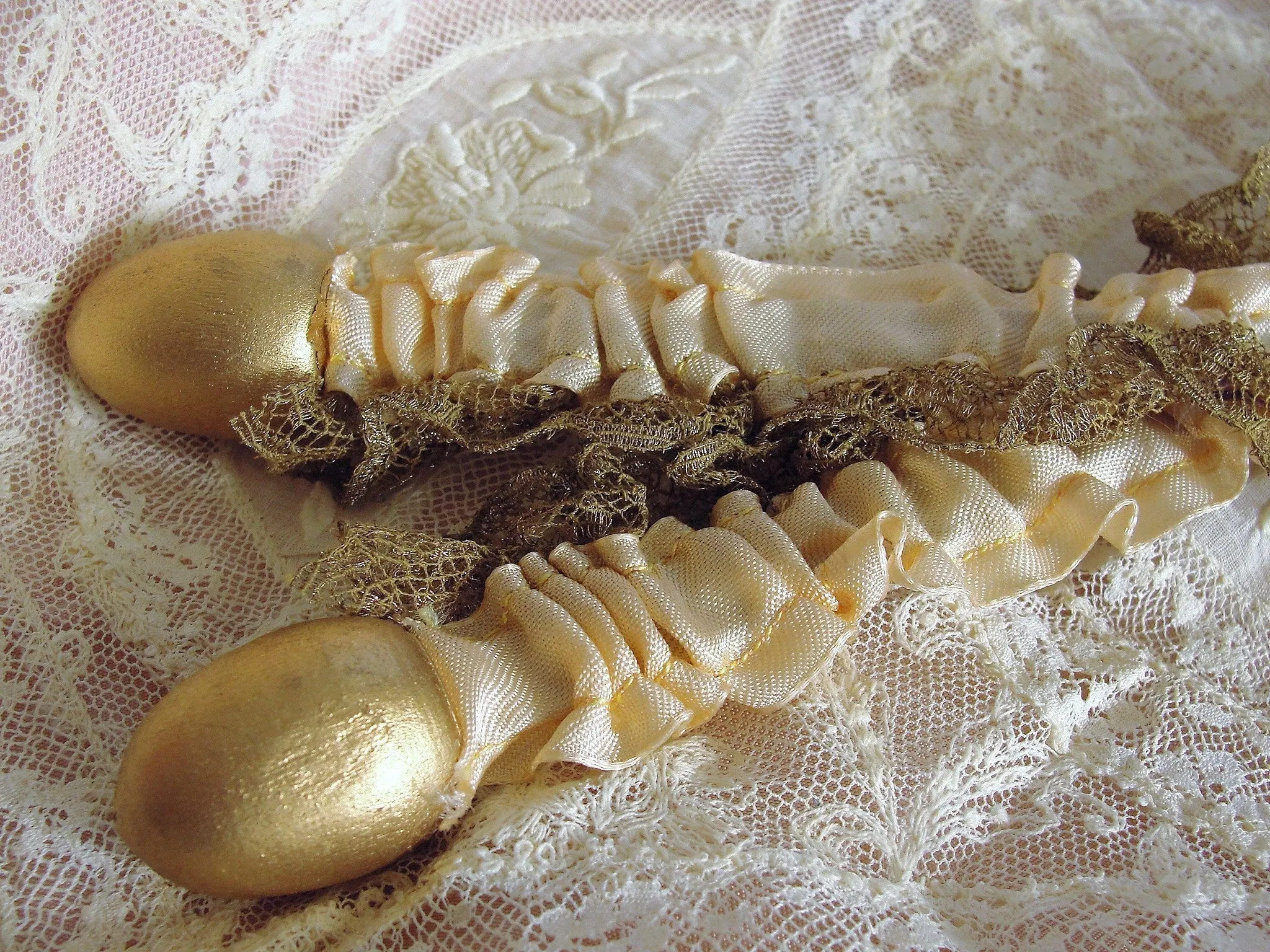 GORGEOUS Flapper Era Shoe Trees,Shoe Inserts,Gold Lace,French Ribbon Flowers,Lavender Pink Ribbon,Never Used Original Condition,French Decor