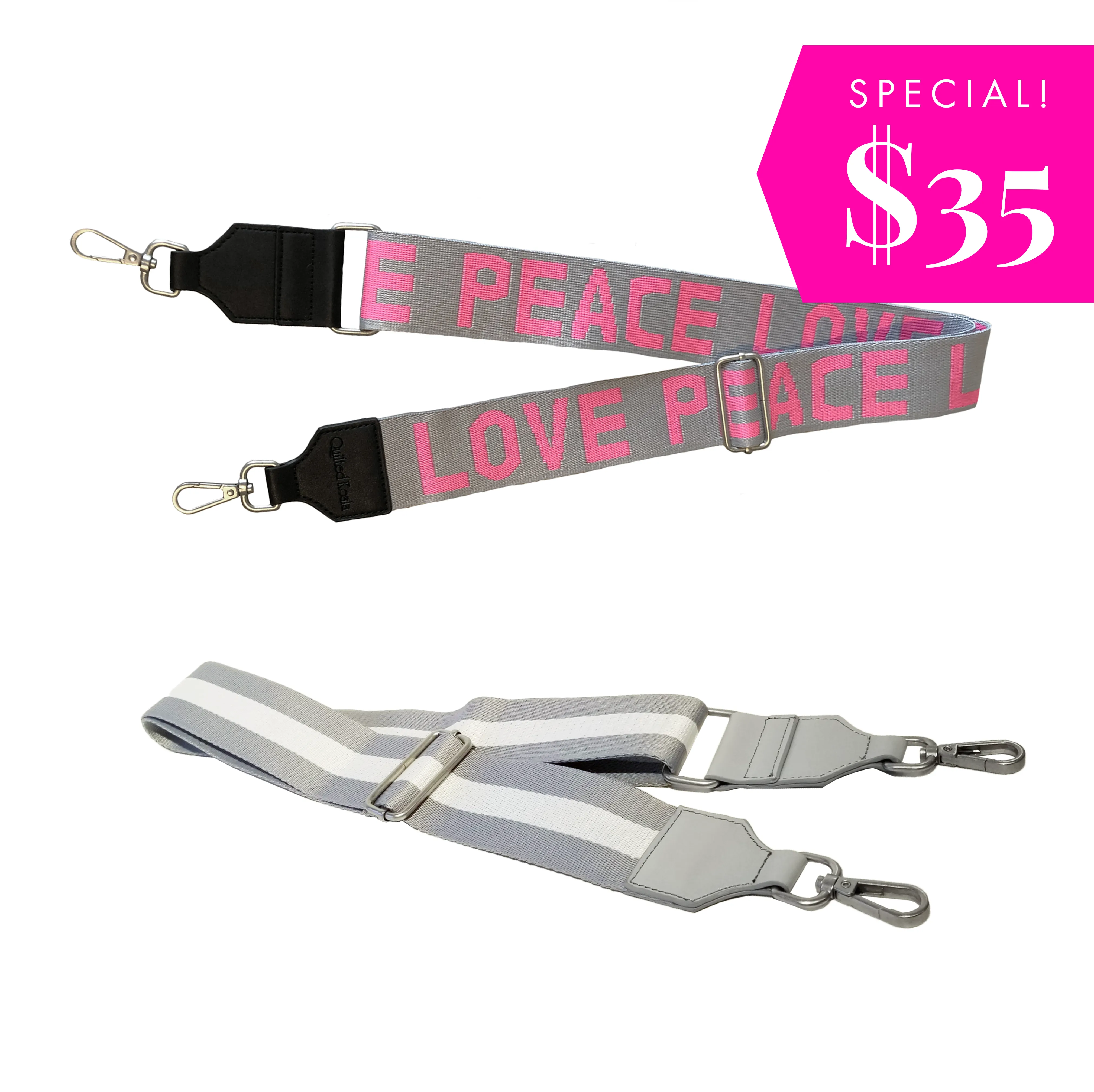 Holiday Special! Koala Straps Bundle: Grey & Pink PEACE LOVE   Grey & White Stripe  (DISCOUNT APPLIED IN CART)