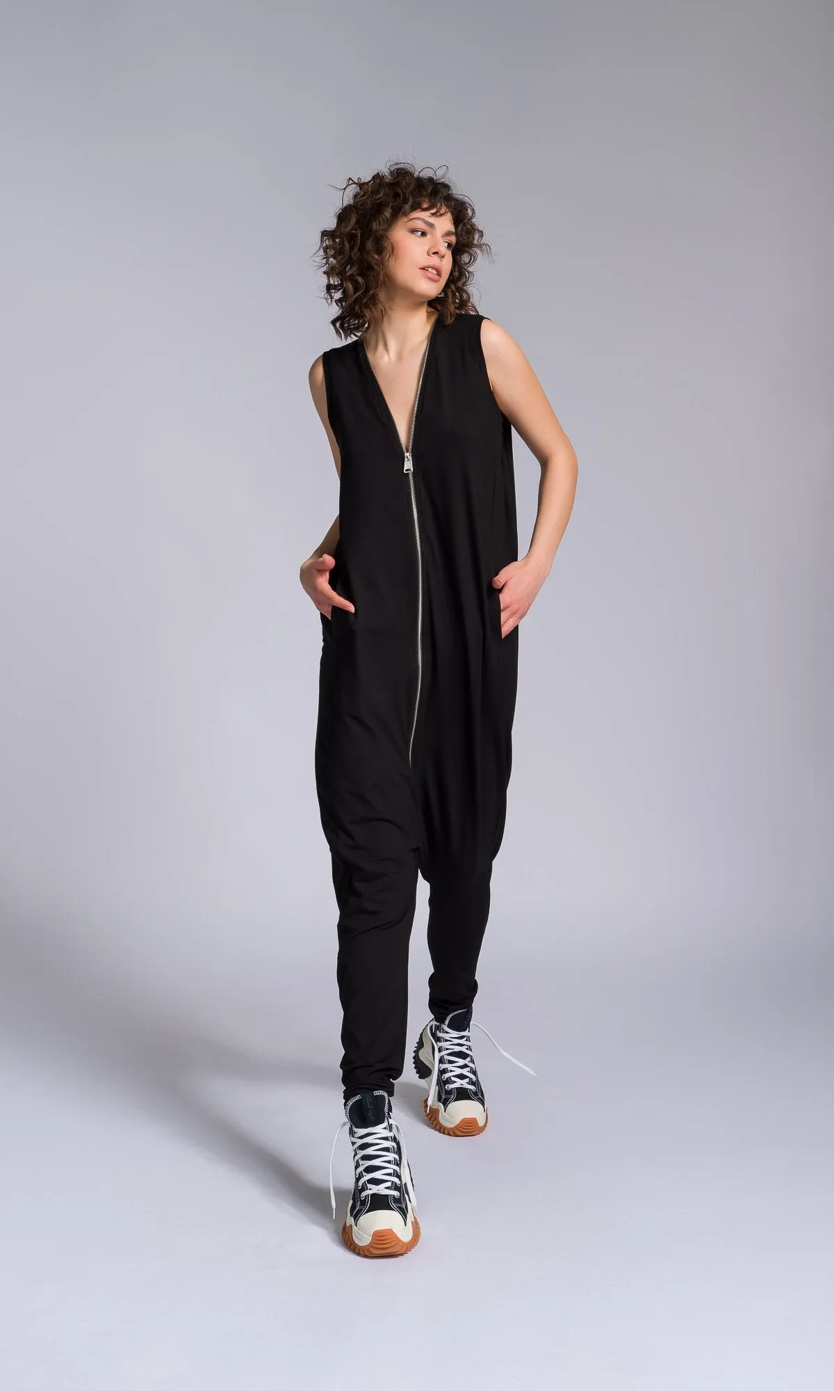 Jersey Zip-up Jumpsuit with Folded Sides