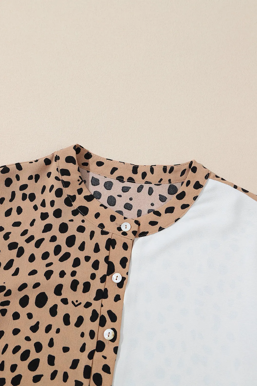 Khaki Leopard Contrast Half Button Casual Blouse