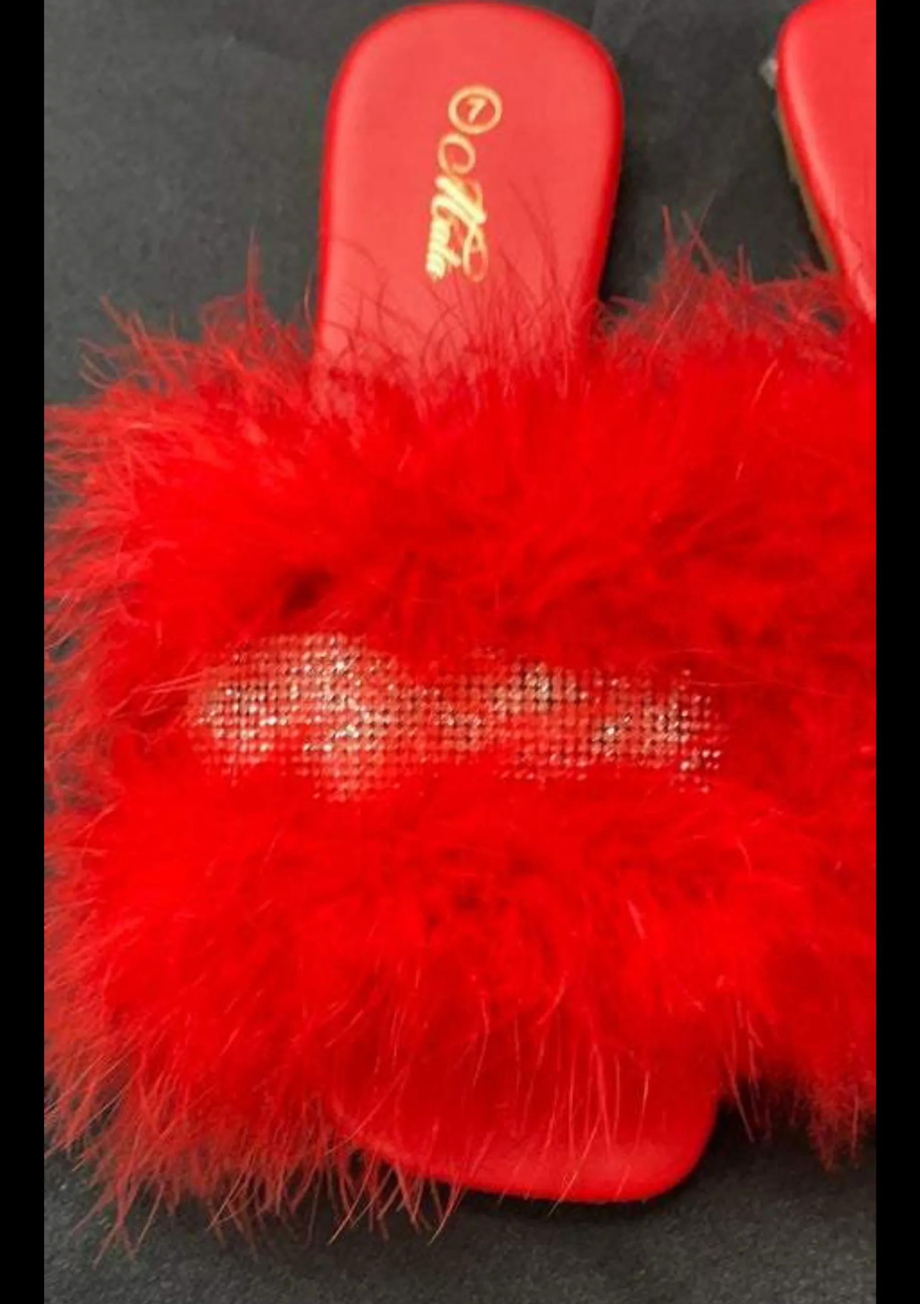 Red  Fluffy Slides Flats