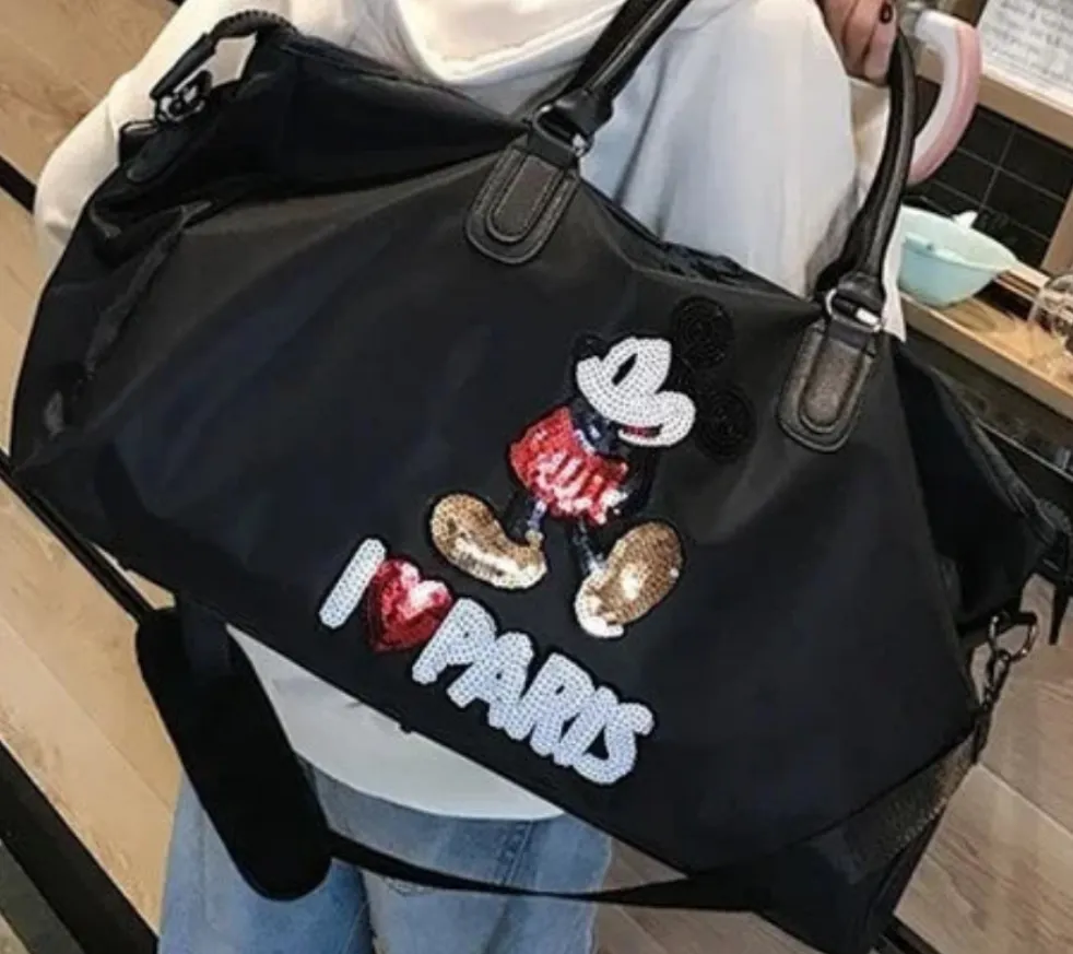 Sac de Voyage Mickey Mouse Noir "I ❤️ Paris" en tissu Oxford : Spacieux et très chic !