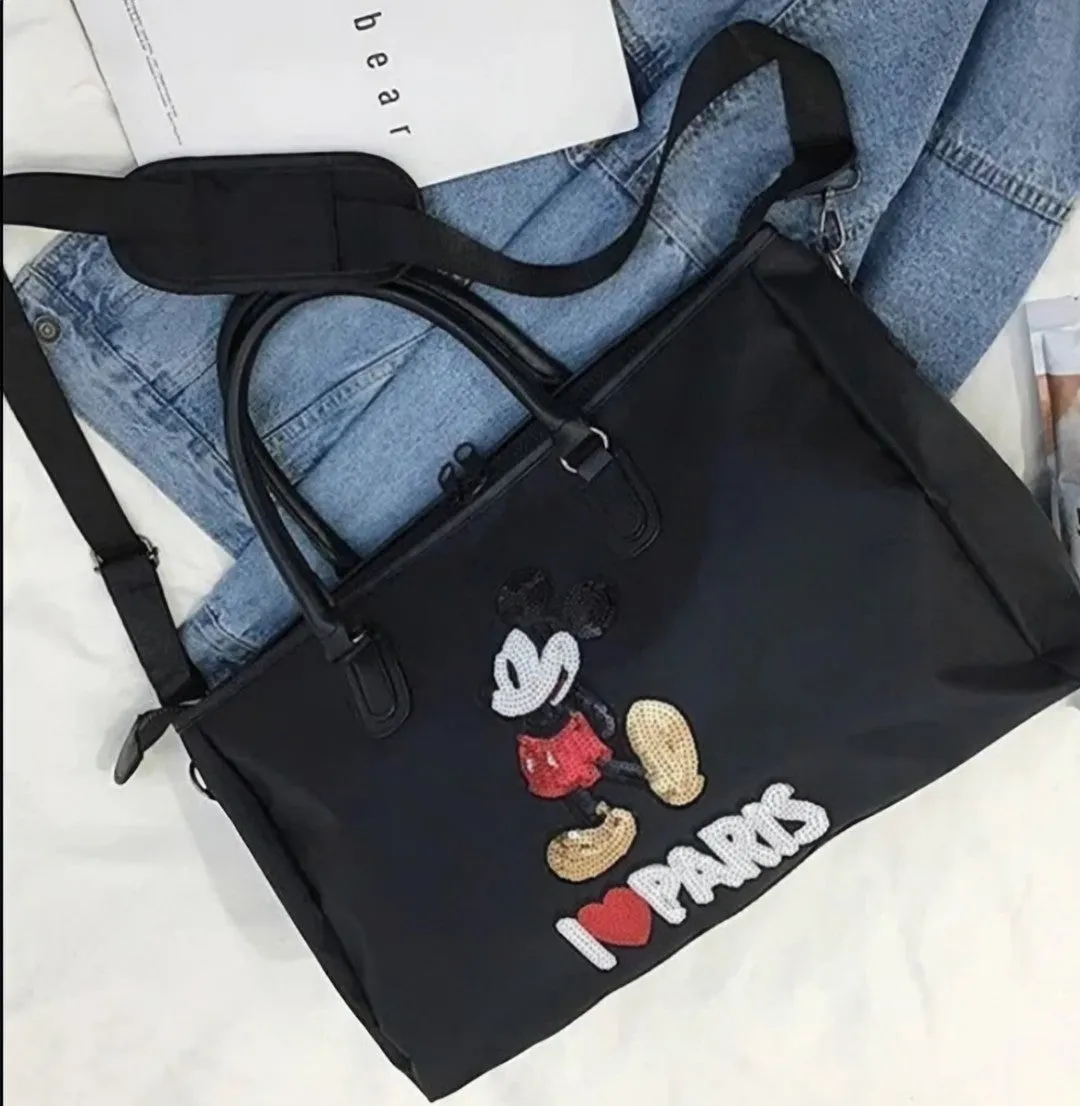 Sac de Voyage Mickey Mouse Noir "I ❤️ Paris" en tissu Oxford : Spacieux et très chic !