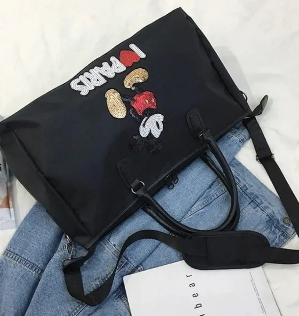 Sac de Voyage Mickey Mouse Noir "I ❤️ Paris" en tissu Oxford : Spacieux et très chic !