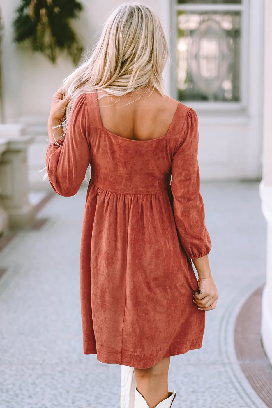 Shiying Brown Suede Square Neck Puff Sleeve Dress