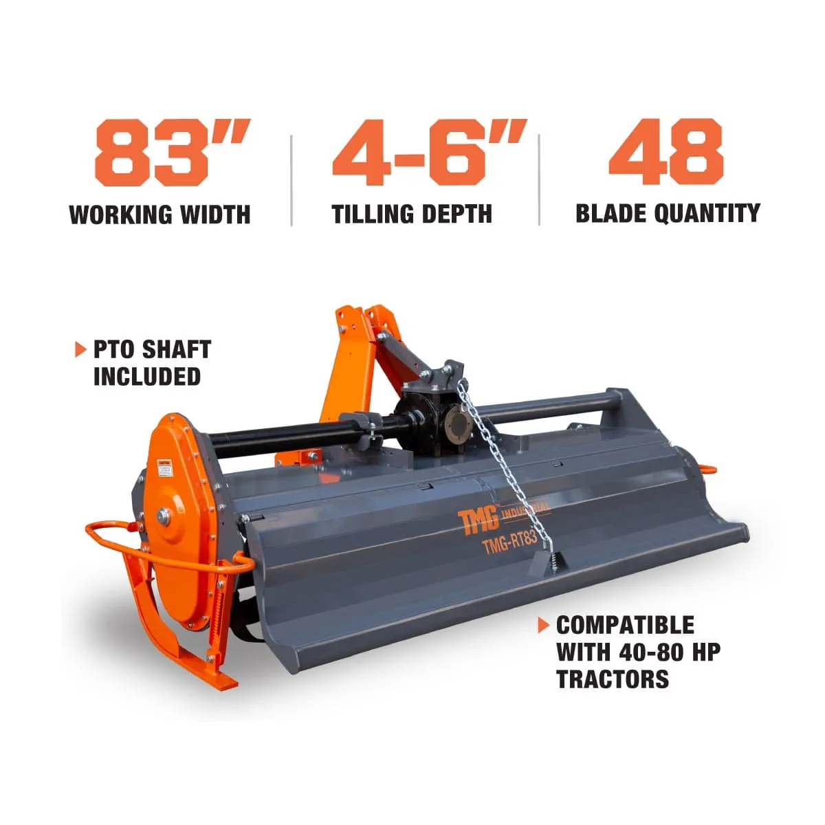 TMG Industrial 83” Commercial Grade Rotary Tiller for 45-80 HP Tractors - 6” Tilling Depth, PTO Shaft Included, Compatible with Category 1 & 2 Hitch (Model: TMG-RT83)