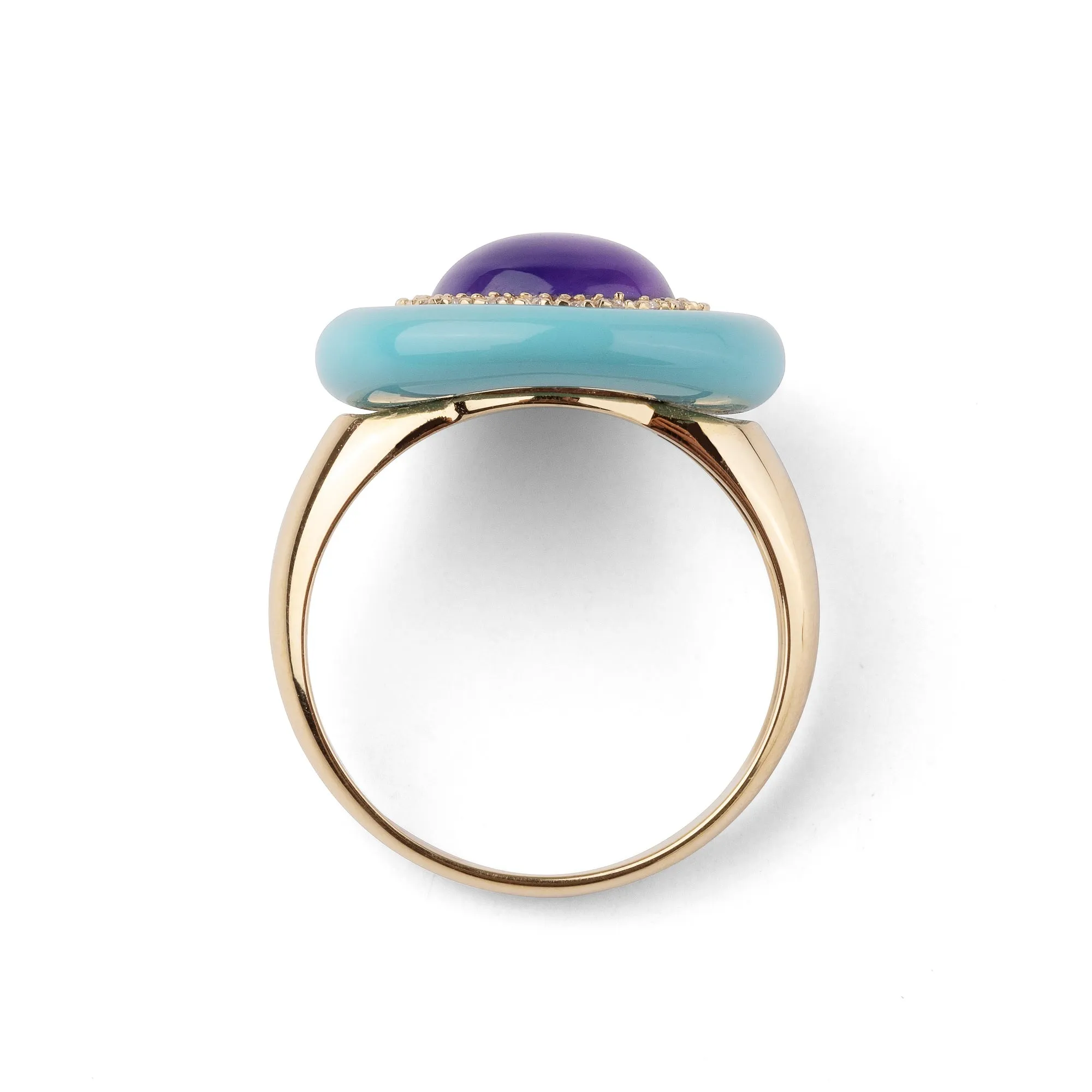 Turquoise enamel and amethyst 18k yellow gold ring