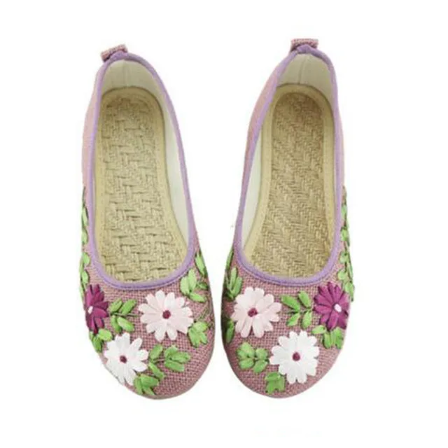 Vintage Embroidered Women Flats Flower Slip On Cotton Fabric Linen Comfortable Old Peking Ballerina Flat Shoes