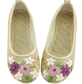 Vintage Embroidered Women Flats Flower Slip On Cotton Fabric Linen Comfortable Old Peking Ballerina Flat Shoes