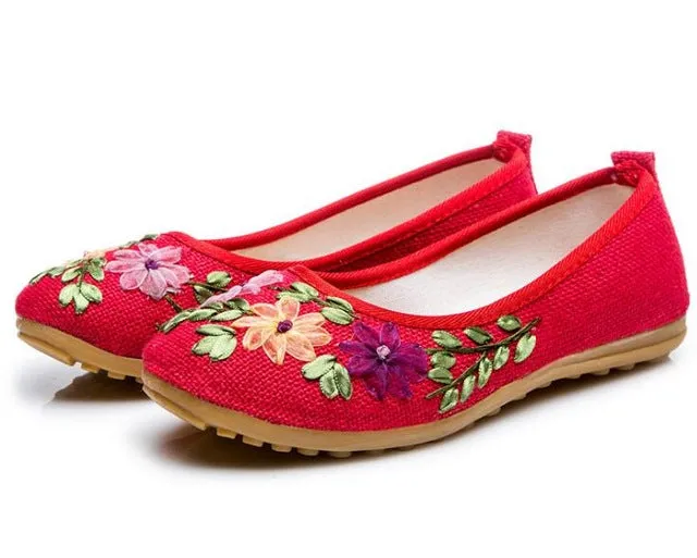 Vintage Embroidered Women Flats Flower Slip On Cotton Fabric Linen Comfortable Old Peking Ballerina Flat Shoes