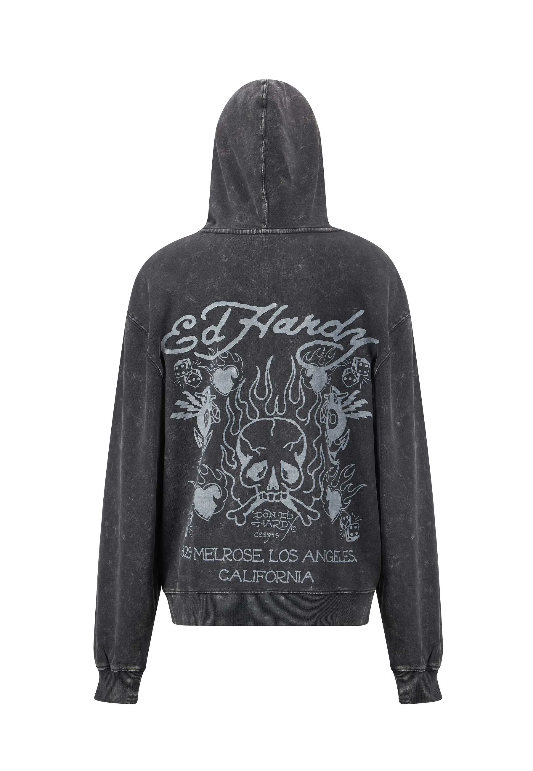 Womens Mono Acid Flaming Skull Zip Through Hoodie - Charcoal