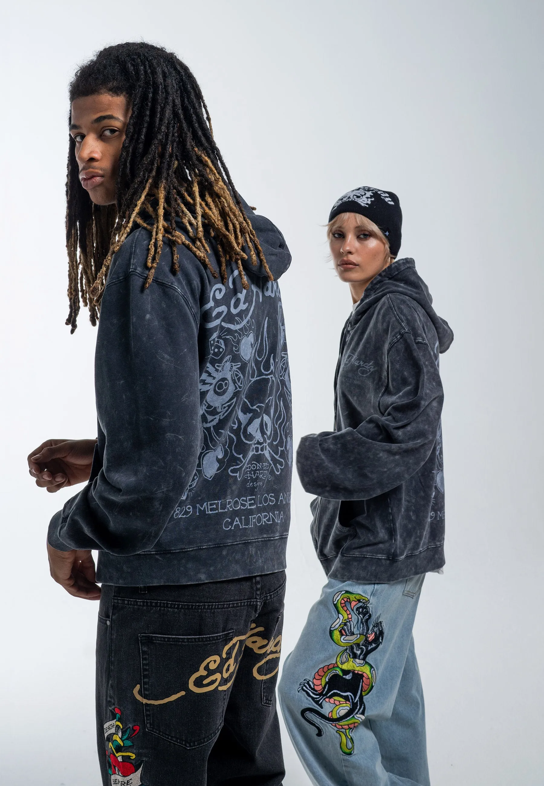 Womens Mono Acid Flaming Skull Zip Through Hoodie - Charcoal